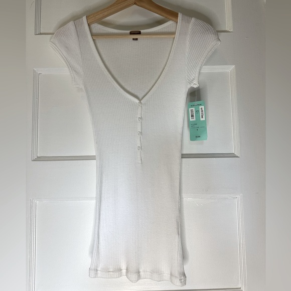 Nordstrom Halogen Short Cap Sleeve White Henley Ribbed V-Neck Cotton Tee - Picture 2 of 9